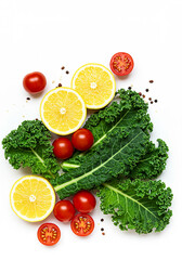 Fresh Kale Lemons and Cherry Tomatoes Healthy Food Ingredients Flat Lay