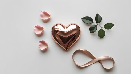 Minimalistic White Background with Rose Gold Heart, Petals, and Ribbon