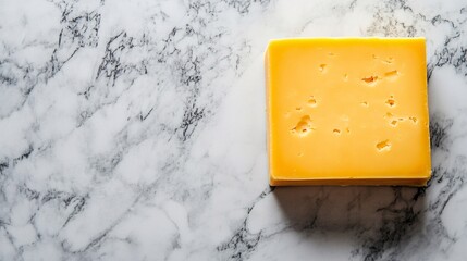 Delicious yellow cheese placed on a marble countertop in a bright kitchen