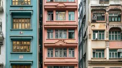 Colorful Hong Kong apartment buildings stand side by side