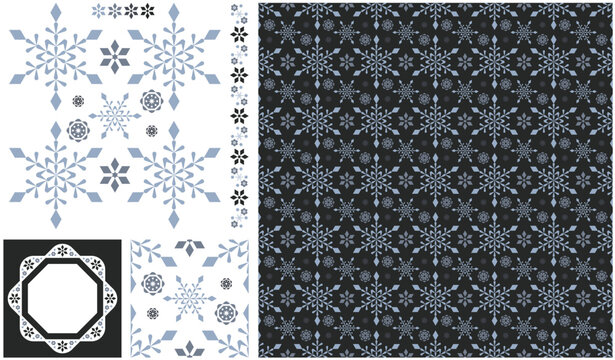 シームレスパターンテクスチャーと装飾図案デザイン「雪の結晶」寒色カラー（Seamless pattern texture and decorative design "snow crystal" Cool colors.）