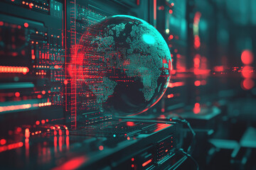 contemporary Global network concept with hardware computer server data center and hologram globe
