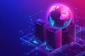 contemporary Global network concept with hardware computer server data center and hologram globe
