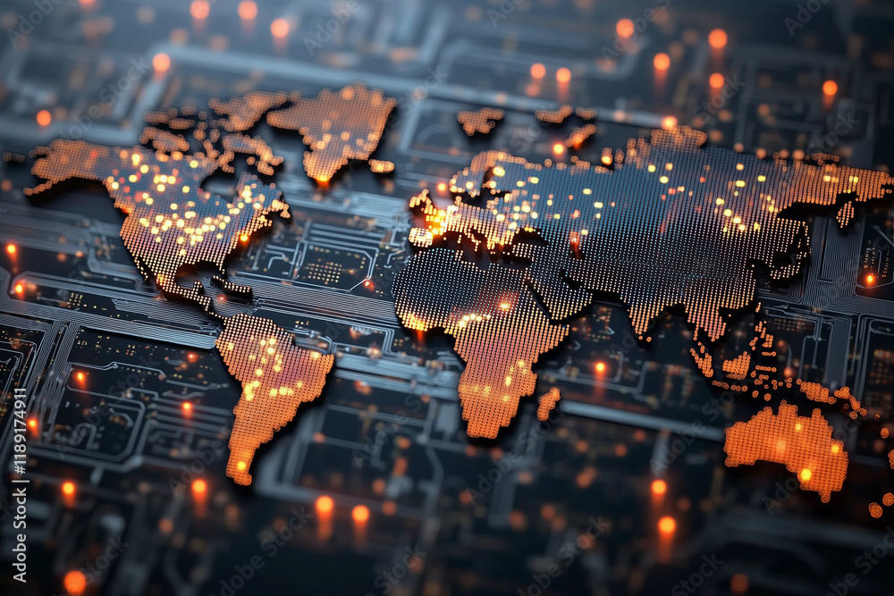Poster computer generated image of a globe with a lot of lights on it. the globe is surrounded by a lot of 