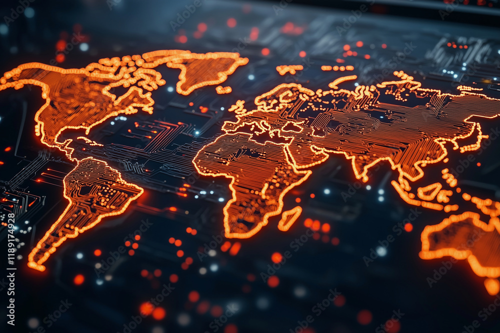 Poster computer screen shows a map of the world with orange lines. the map is lit up and he is a computer-g