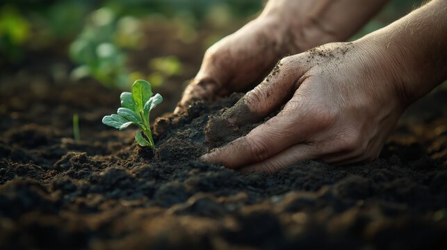 Gardening expertise in action: hands nurturing young plants in lush soil for sustainable lifestyle and outdoor enjoyment
