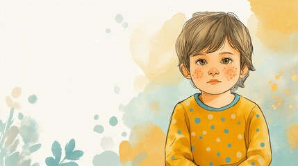 Gentle portrait of a child with spotted rash and thoughtful expression for medical awareness and educational use