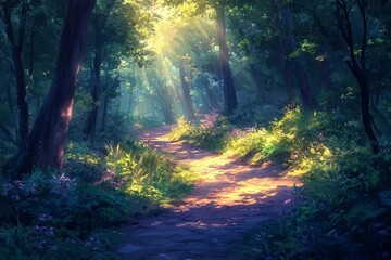 Obraz premium Light filtering through trees onto a path winding through a vibrant green forest, creating an enchanting atmosphere
