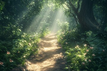 Obraz premium Light filtering through trees creates magical atmosphere on pathway in beautiful forest