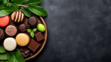 A variety of colorful macarons and chocolates arranged on a wooden platter with green leaves.