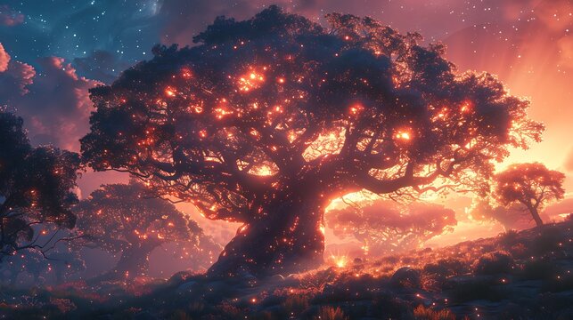 An alien world with gigantic trees that have glowing, pulsating energy cores.