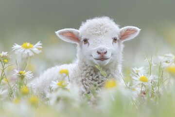 Obraz premium A cute lamb surrounded by blooming daisies evokes the joy of spring, making it a perfect symbol for Easter celebrations and renewal in nature.