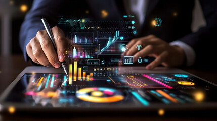 Businessman Analyzing Augmented Reality Data Visualizations on a Laptop for Financial and Strategic Planning