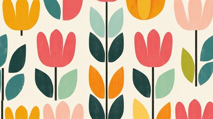 Fototapeta premium Colorful floral pattern featuring stylized tulips and leaves.