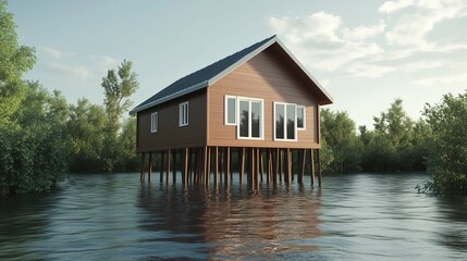 A house on stilts standing above floodwaters, symbolizing resilience and adaptation in flood-prone areas.