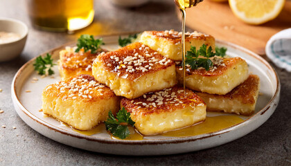 authentic greek fried cheese saganaki or feta tasty appetizer crunchy on the outside with honey and sesame seeds