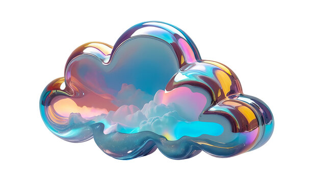 3D chrome holographic element in Y2K style, isolated background, liquid metal. A cloud with a rainbow in it floating in the sky.