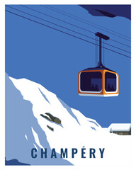 Travel poster vector illustration with ski lifts over snow mountain. landscape background with minimalist style. © Butter Bites