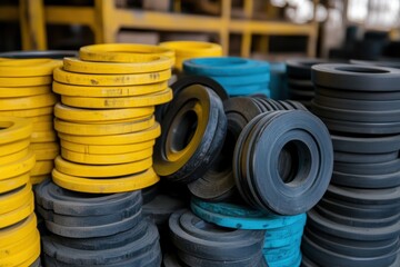 Rubber gaskets of various sizes stored in a warehouse for industrial applications and use in machinery