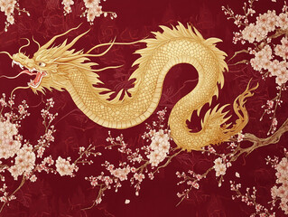 Fototapeta premium Golden dragon with cherry blossoms on a red textured background