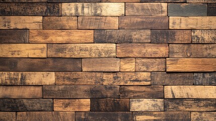 Rustic wooden wall made of varied wooden planks in warm earth tones