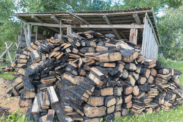 A pile of dead firewood logs near a shed on a farm.