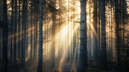 a mystical forest illuminated by shafts of golden sunlight, white space in the center of the page for text, warm earth tones against a backdrop of dappled light and shadow