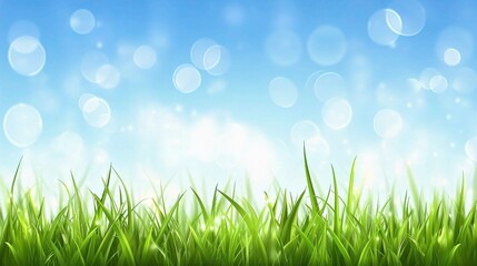 Obraz premium Green Grass Under a Blue Sky with Blurred Bokeh Effects