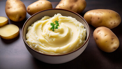 clean home made creamy mashed potato in bowl photographed overhead with sparkling uncooked potatoes at the aspect selective focus consciousness on the potato puree