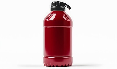 Red plastic bottle with black cap and handle.