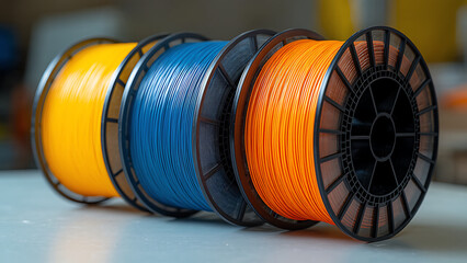Colorful spools of filament in yellow, blue, and orange arranged neatly. These spools are commonly used in 3D printing and crafting, showcasing vibrant colors and materials