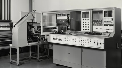 Vintage Computing Machinery: A Monochrome Industrial Scene