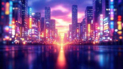 Fototapeta premium Vibrant Cityscape at Night with Neon Lights Reflecting on Wet Street