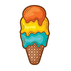 Sticker featuring a colorful three scoop ice cream cone, ideal for summer themed designs and food related projects on social media and print