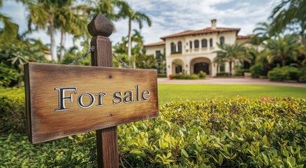 A beautifully landscaped mansion showcases a for sale sign amidst lush greenery and vibrant flowers. The property features classic architecture and well-maintained grounds under a clear sky