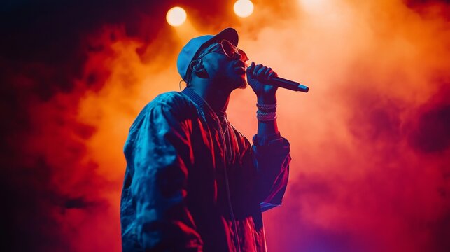 Rapper performing live on concert stage with vibrant lighting and energetic atmosphere