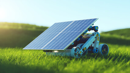 solar powered robot on green grass, showcasing renewable energy technology and innovation. This eco friendly device represents future of sustainable construction