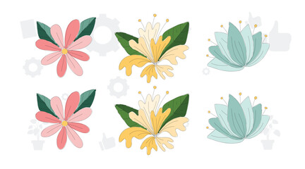 Vector set of tropical leaves. Palm, banana leaf, hibiscus, plumeria flowers. © Creativeactive