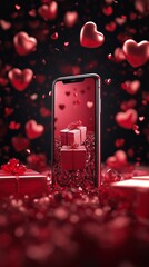 Romantic valentines day scene with smartphone and floating hearts for festive design and decoration