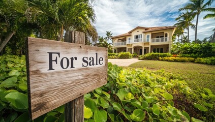 A beautifully landscaped mansion showcases a for sale sign amidst lush greenery and vibrant flowers. The property features classic architecture and well-maintained grounds under a clear sky