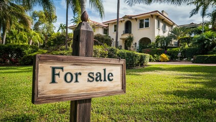 A beautifully landscaped mansion showcases a for sale sign amidst lush greenery and vibrant flowers. The property features classic architecture and well-maintained grounds under a clear sky