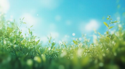 Fototapeta premium Lush Green Grass Under Bright Blue Sky in Clear Spring Daylight