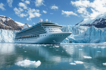 Large white cruise ship sailing in ocean near melting glacier on beautiful sunny day