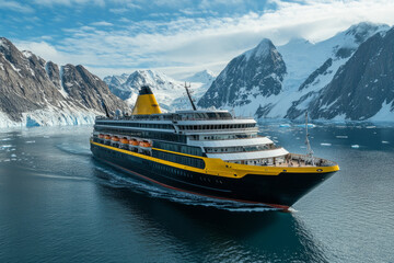 Modern cruise ship sailing through frigid waters, with towering snow-capped mountains and glaciers creating a breathtaking backdrop
