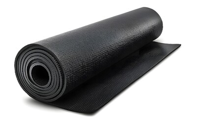 Rolled black exercise mat isolated on white.