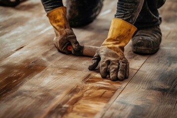 Sanding and staining wood floors to enhance the natural beauty of grain in a well-lit workshop environment