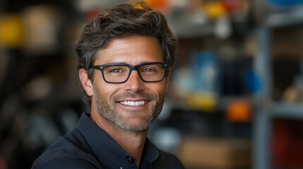 Smiling warehouse employee engaging with customers in industrial setting