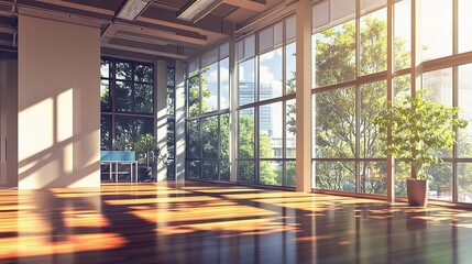 Modern Office Space with Large Windows and Natural Light