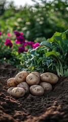 Harvesting new potatoes in a green potato field