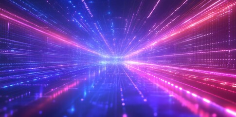 Obraz premium Abstract Futuristic Digital Tunnel with Glowing Pink and Blue Neon Lights Data Stream Cyberspace